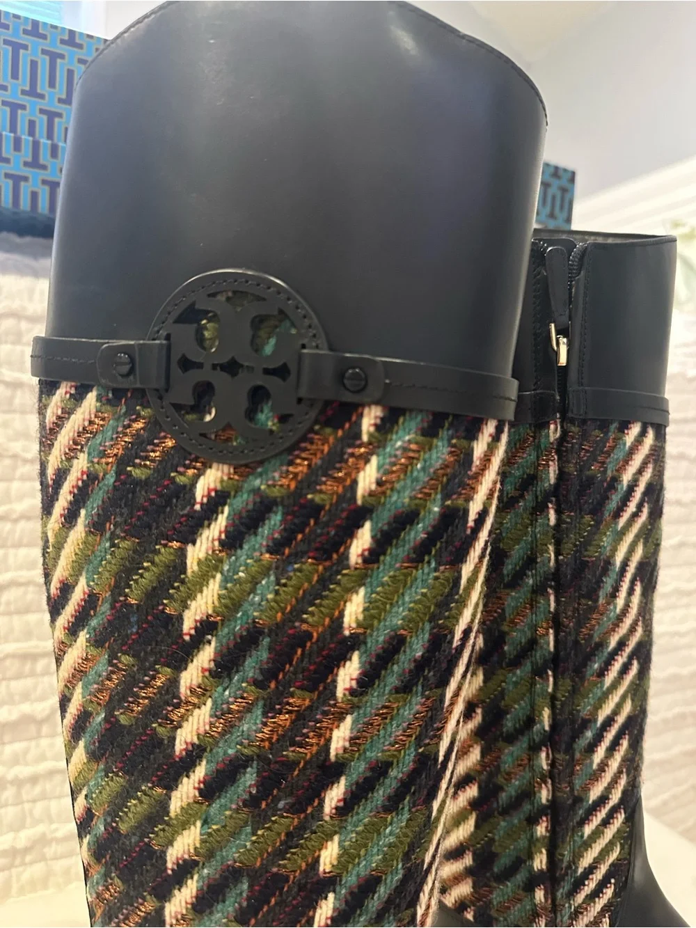 Tory Burch Miller Riding Boot & Purse Navy/Green Dogtooth Tweed Size 7 (SET)